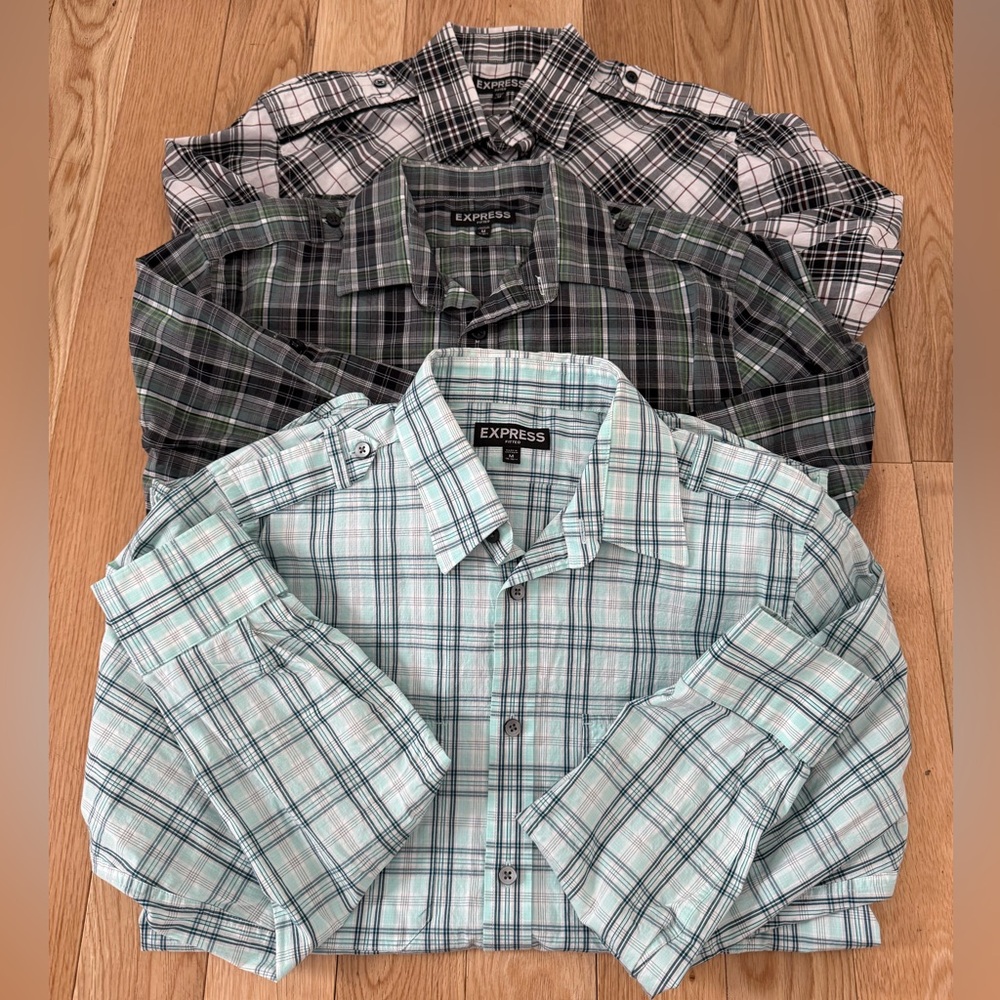 Express Lot of 3 Plaid Fitted Dress Shirt Bundle Long Sleeve Size Medium